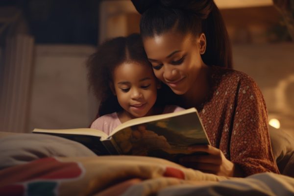 Loving mother read children book her daughter. Mom tell fairy tale story to child. Mum hug little kid. Happy childhood concept. Nice mommy and girl at cozy bedroom. Parents love. Motherhood activity.