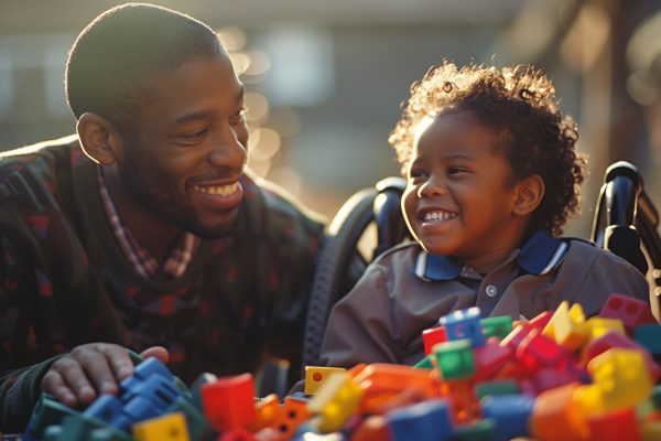 Parent and children learning through play. Disabled black child in wheelchair smiling with caregiver playing with building blocks. Nursery for special needs kids. Ethnic diversity diverse inclusive.
